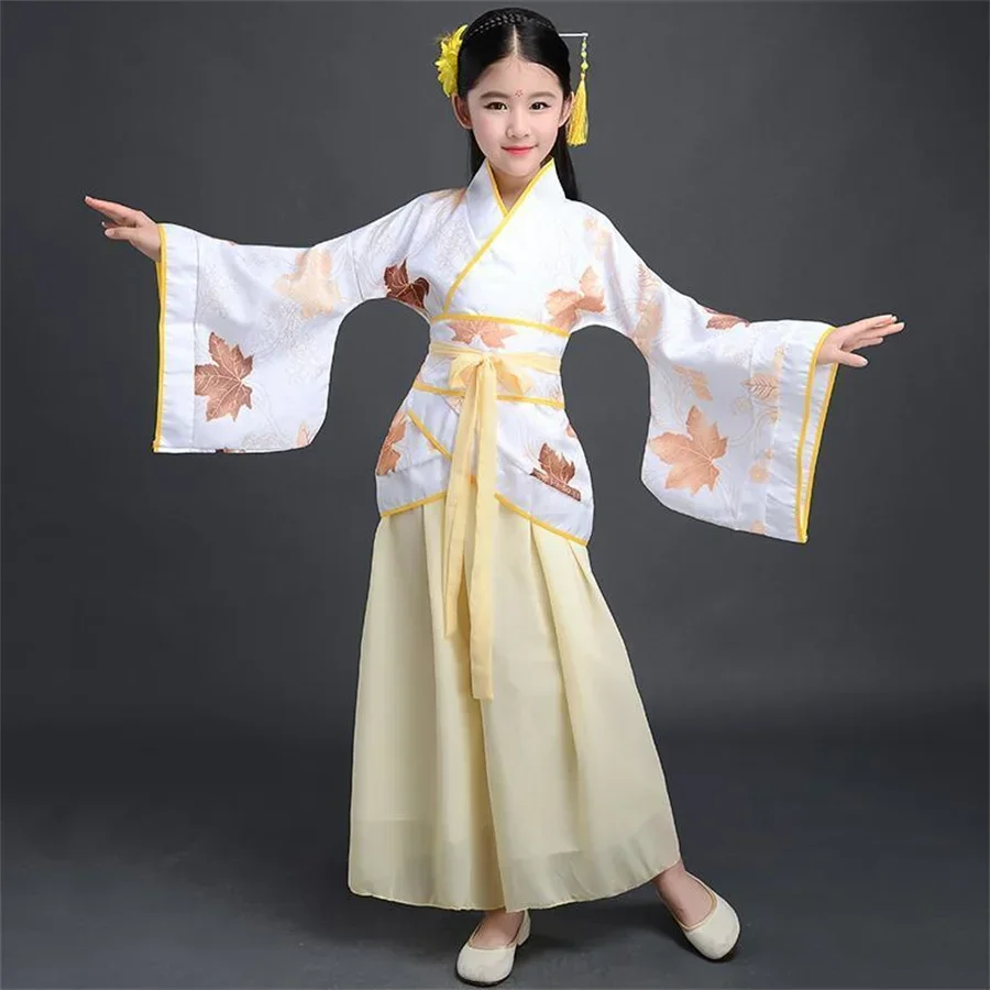 2026 Robe en soie chinoise pour filles, Kimono pour enfants, Costume de danse de chorale Hanfu traditionnel Vintage