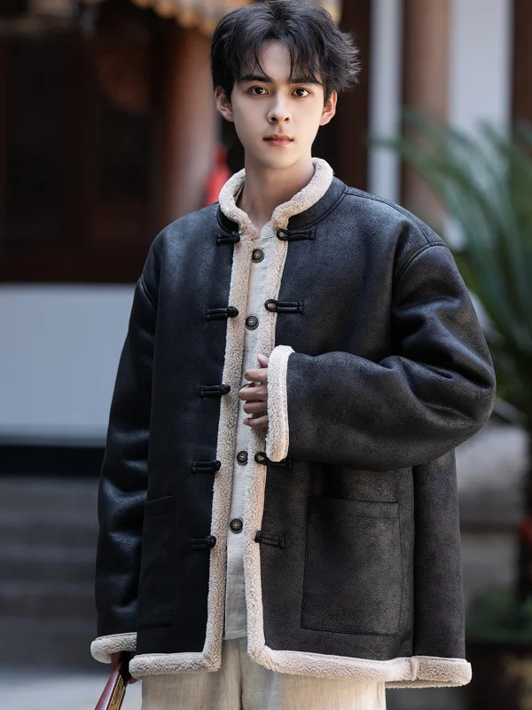 

Men's Cotton Jaet Thiened Cotton Loose Fit Retro Casual Tang Suit Fur Leather Inteated Inner Fce Winter Coat