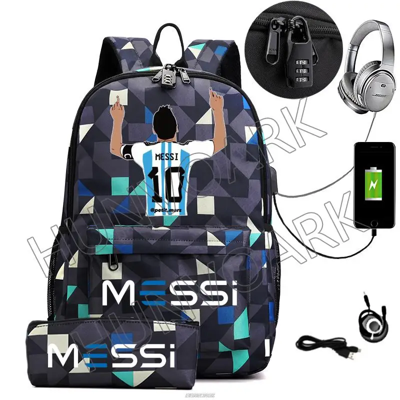 Messi Mochila Casual Mulheres Homens Mochila Computador 15.6 Polegada Laptop Bag Back Light Anti roubo Viagem Mochilas Escolares 2pcs