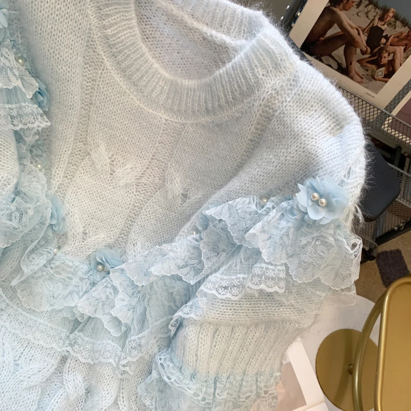 Women Ruched Mesh Spliced Ruffles Pullovers 3D Flowers Gauze Pleated Sweater Luxury Designer Pearls Beaded Knitwear Topss