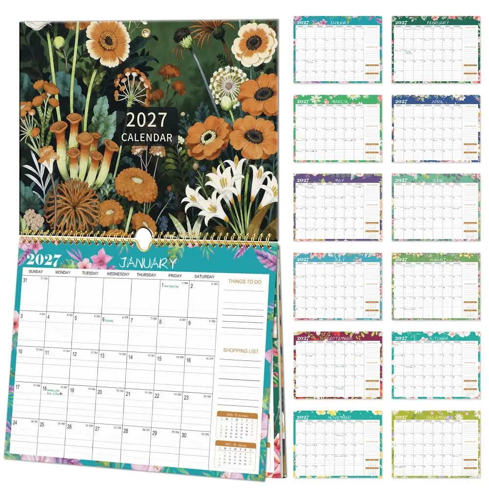 Durable 2027 Wall Calendar Floral Large Date Block Monthly Planner 38 x 32cm 12 Month Hanging Calendar Home Office