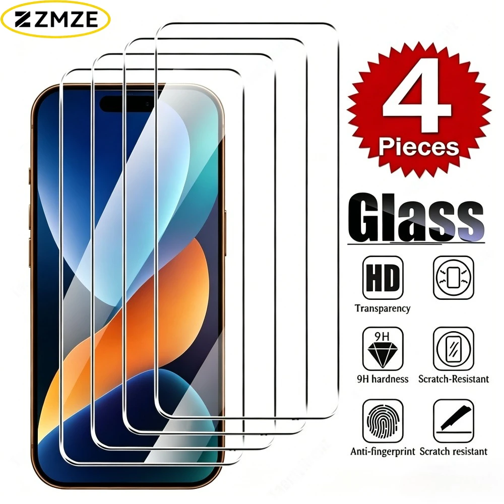 

Комплект из 4 защитных стекол Full Cover для iPhone 17, 16, 15, 14, 13 Pro Max, Air 17e, 16, 15 Plus, 12, 11 Pro, Mini – Защита от царапин, закаленное стекло