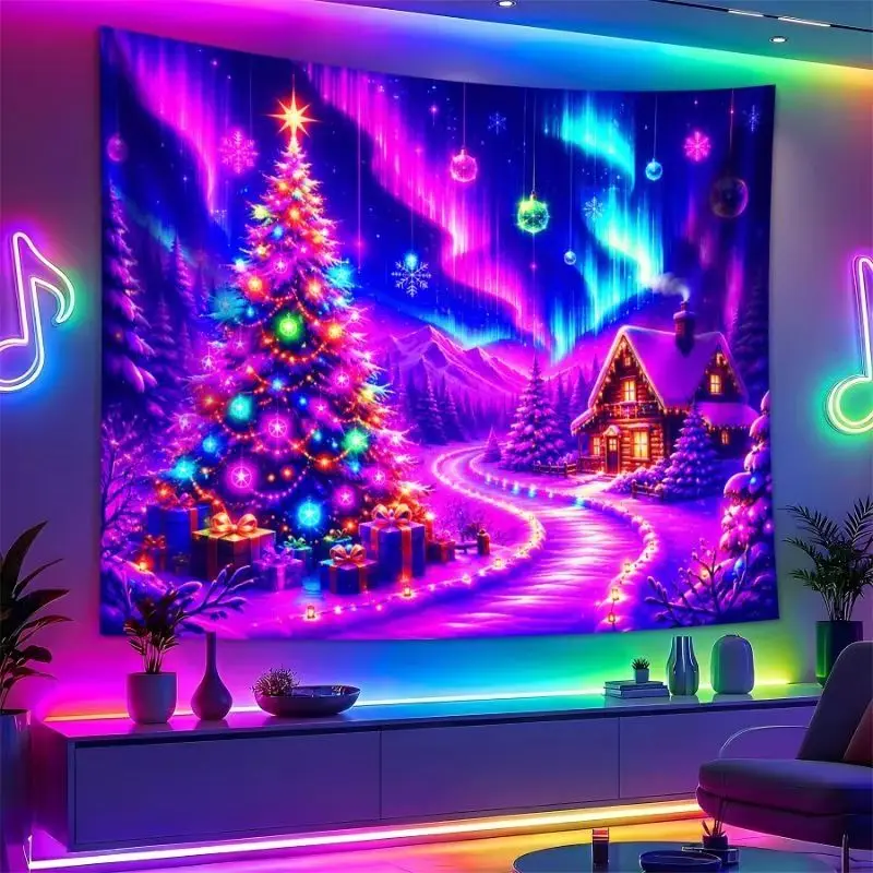 VIKAMA Christmas Village Tapestry Fireworks Tree Sleigh Night Wall Hanging Xmas Art for Bedroom Living Room Party Decor