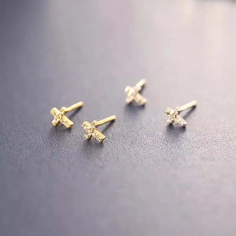 925 Sterling Silver Simple Korean Zircon Mini cross Stud Earrings for Teen Women Daily Life Party Jewelry