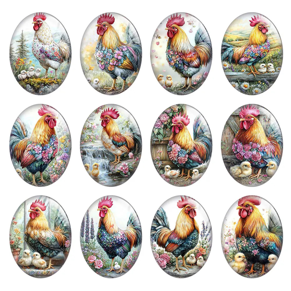 Random Mixed Round/Oval/Square Floral Feather Rooster Farm Chick Photo Glass Cabochon Flatback Demo Cameo For Diy Jewelry Making