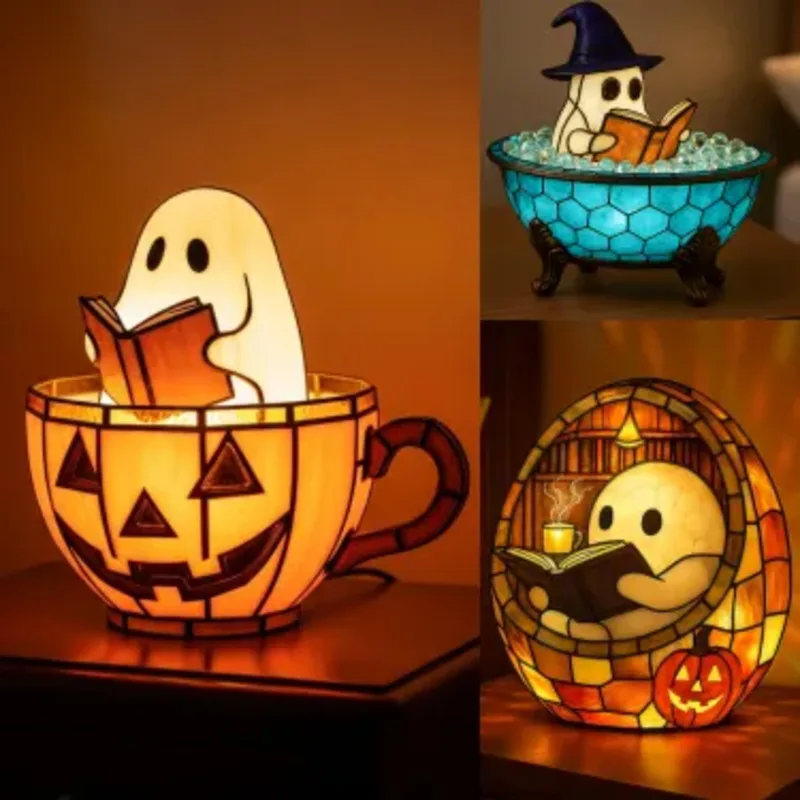 

2025 Hot Halloween Ghost Light Reading Book Lamp Adorable Pumpkin Led Light Resin Display Reading Night Light For Book Lover
