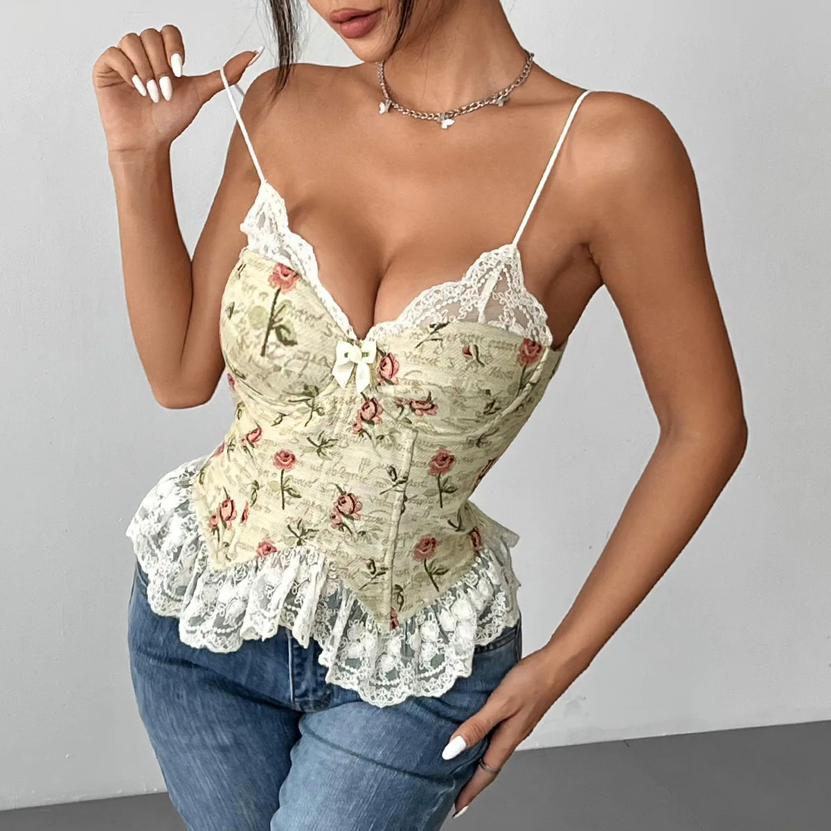 

Spaghetti Straps Floral Corset Crop Tops Clubwear Sexy Sleeveless Cami Lace Up Backless Streetwear Women Clothing Slim Tank Top