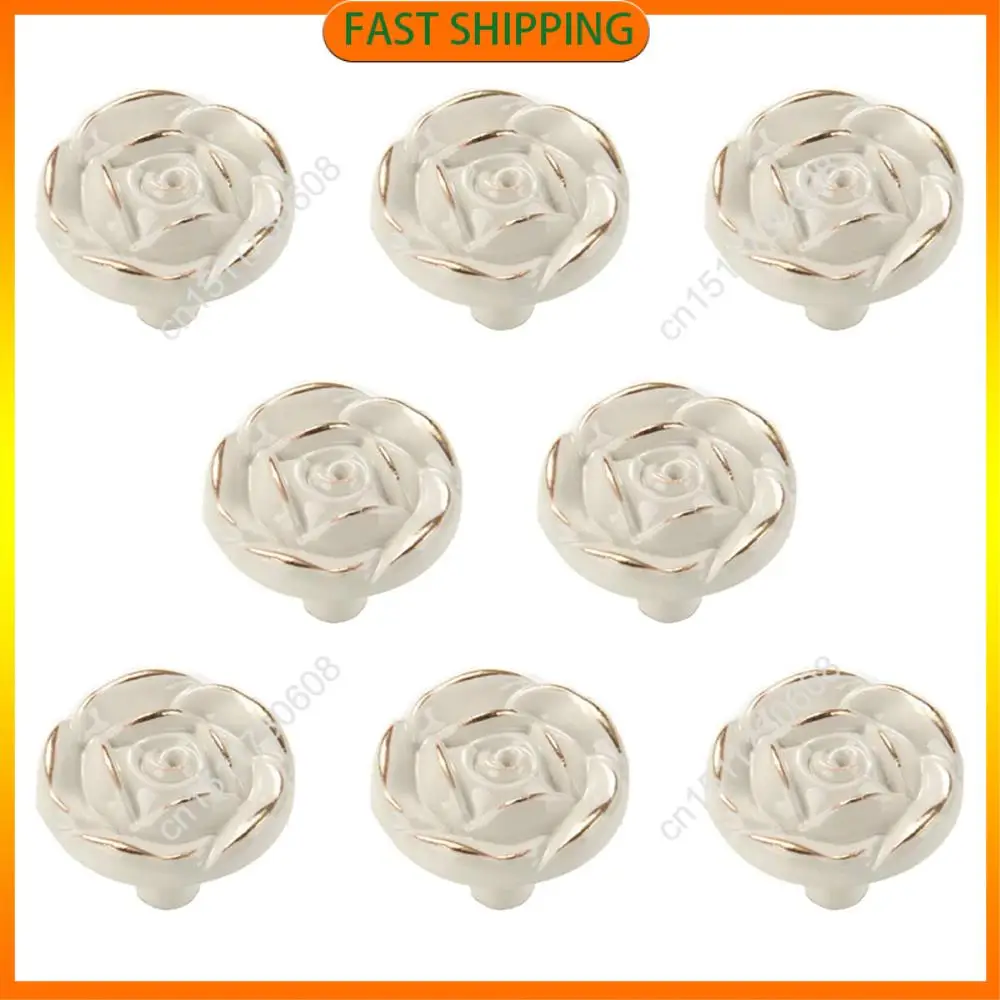 Buy Now 8Pcs Antique Rose Flower Cabinet Knobs, Vintage Kitchen Shabby Chic Zinc Alloy White Drawer Pull Handles For Dresser