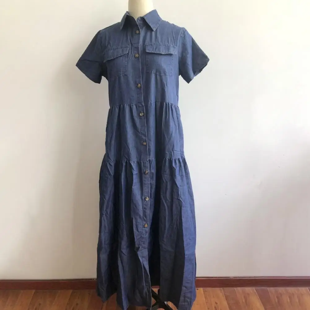 Summer new women's loose Denim Dress Slim Large Hem Solid Color Single Breasted Denim Maxi Dress Youthful Shirt Dress for School