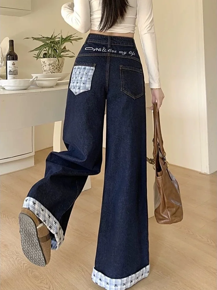 

American Style Plaid Splicing Fleece Lined High Waist Thickened Straight Leg Wide Leg Long Jeans for Women Autumn Winter