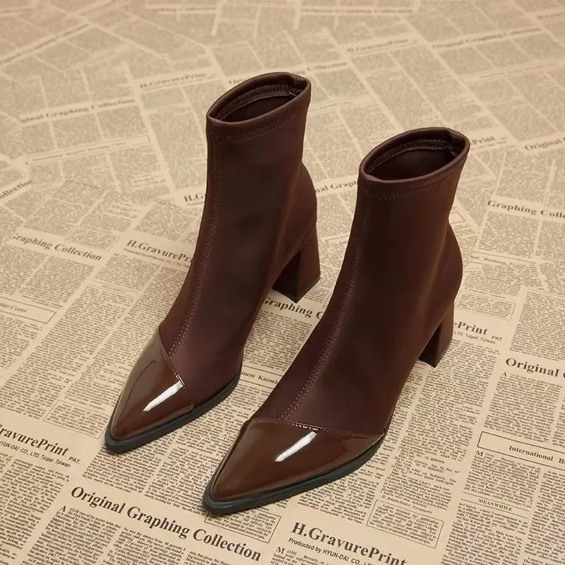 2025 Comfortable Patchwork Elastic Fabric Women\'s Ankle Boots Pointed Black Brown Women\'s Pointed Thick Heel High Top Slim Boots