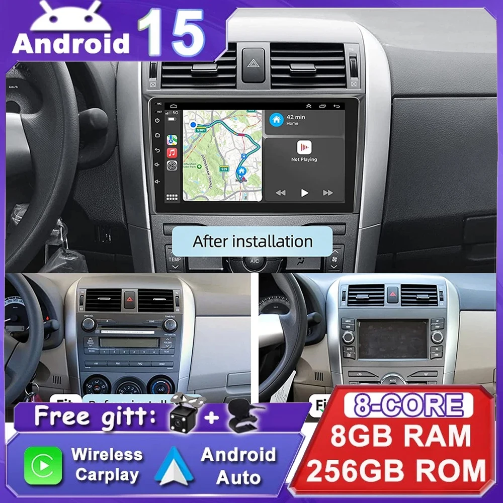 Android 15 Carplay Auto for Toyota Corolla E140/150 2006 2007 2009 -2013 Multimedia Automotive Subwoofer Autoradio DSP WIFI+4G