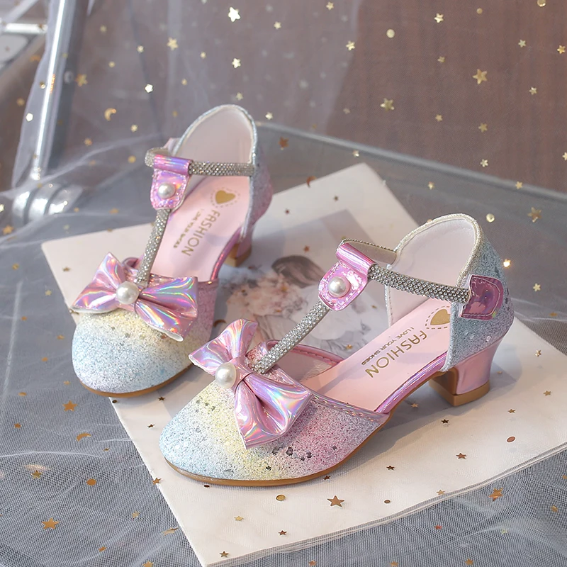 

Exclusive Girls Sandals with High Heels T-strap Rainbow Color Bling Sequins Kids High Heeled Summer Dress Shoes Bow-knot Chic