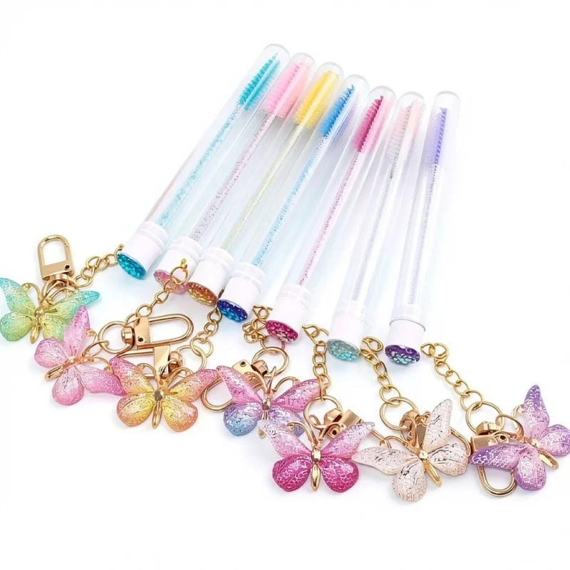 Butterfly Decor Tube Mascara Wands with Keychain Eyelash Brushes Eyebrow Spoolies Lash Extension Applicator Clear Storage