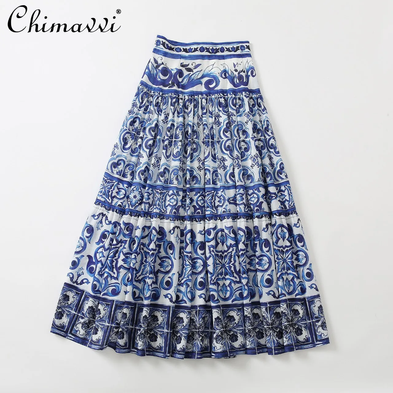

2025 Summer Clothes New Fashion Temperament Commuter Blue Skirt High Waist Slim-fit Retro Long Vacation Style Skirts Women