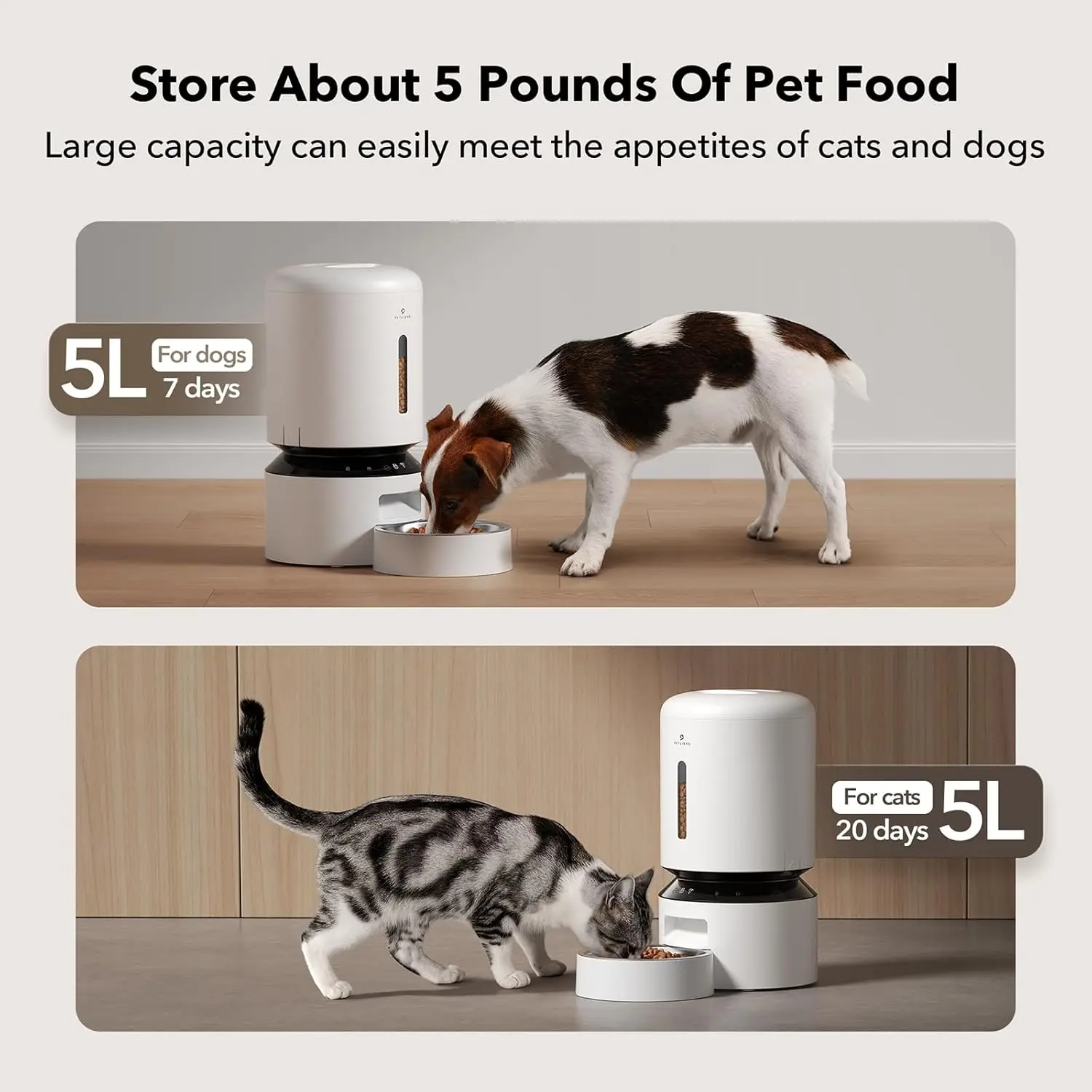 Automatic Cat Feeder, 5G WiFi Automatic Dog Feeder with Freshness Preservation, 5L Timed Cat Feeder with Low Food Senso