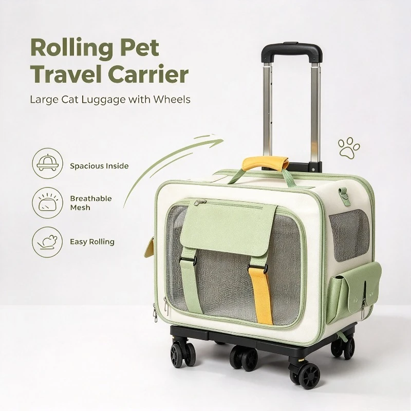 Pet Travel Carrier Trolley Case Double Layer Large Capacity Wheeled Luggage for 2 Cats Portable Outdoor Pet Stroller Bag