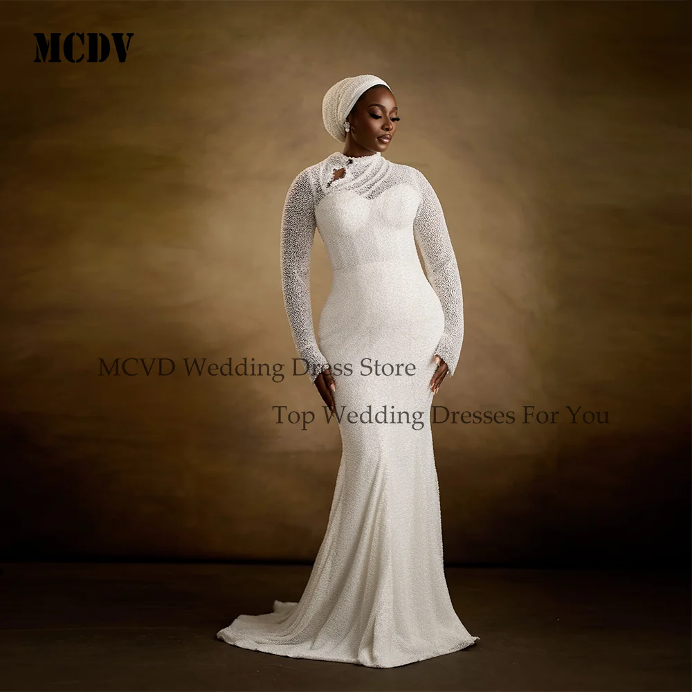 MCDV Customized O-Neck Beaded Lace Pearls Mermaid Wedding Dress African Sweep Train Long Sleeves Luxury Bridal Gown Sweep Train