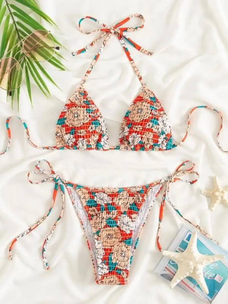 Floral Print Smocked Halter Triangle Bikini Swimsuit