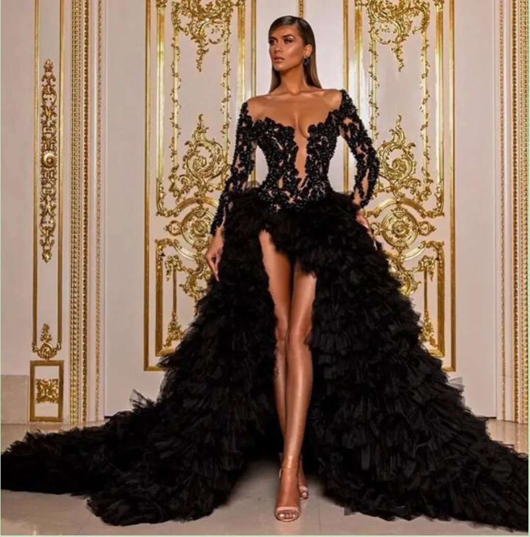 Black Sexy Prom Dresses V Neck Hollow Long Sleeves Appliques Sequins Beads Lace Ruffles Train Side Slit Floor Length