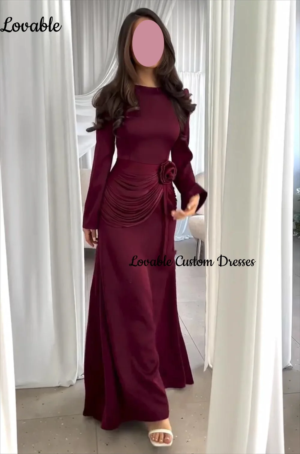 

Customized Dubai Luxury Evening Dress Scoop Neckline A-Line Floor-Length Wedding Party Dress Long Sleeves Flowers Formal