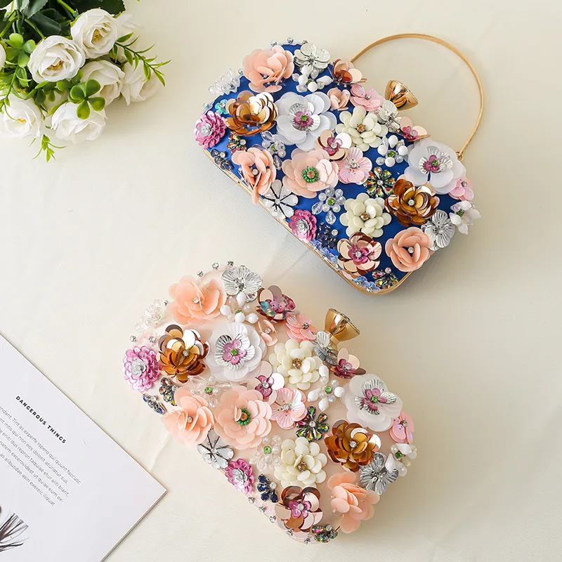 Floral Evening Dinner Handbag Beaded Flower Clutch Bag Metal Chain Crossbody Bag Banquet Handbag Wedding Prom Purse Dropship view 3