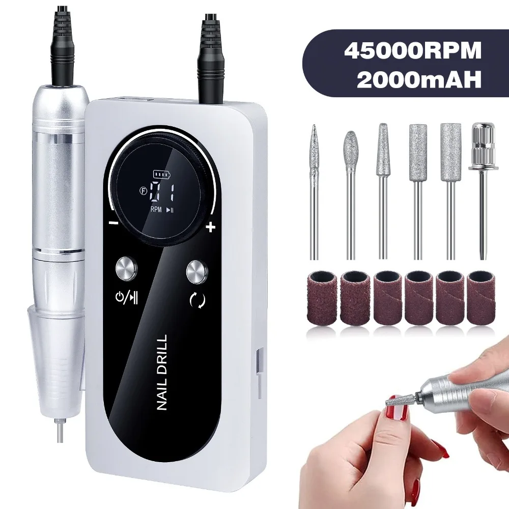 

45000RPM Nail Drill Machine USB Rechargeable Sanding Bands Electric Nail File 6 Bits Low Noise Nail Sander File Professional Use