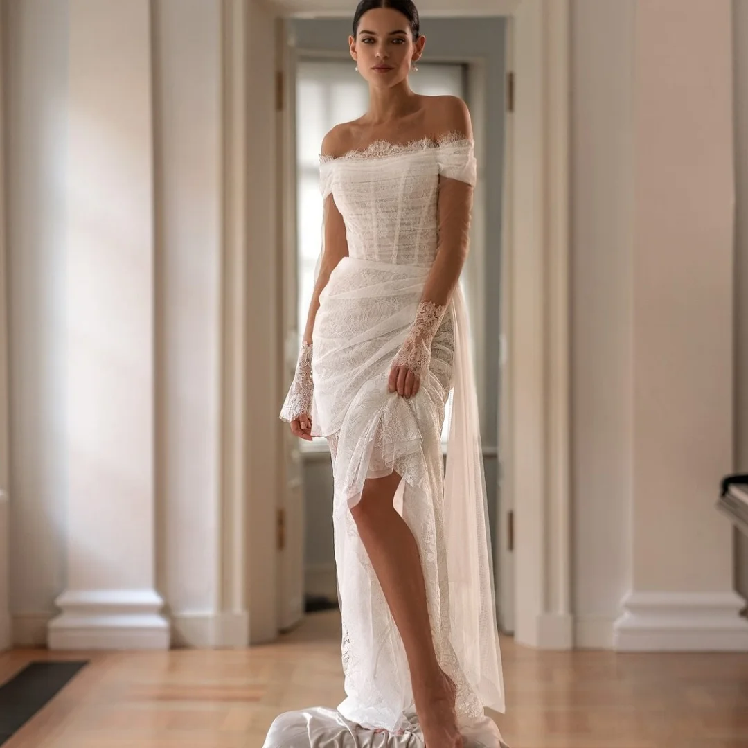 

Chic Lace Mermaid Wedding Dresses Fashion Off the Shoulder Long Sleeves Backless Ribbons Prom Dress Elegant Bridal Gowns 2025