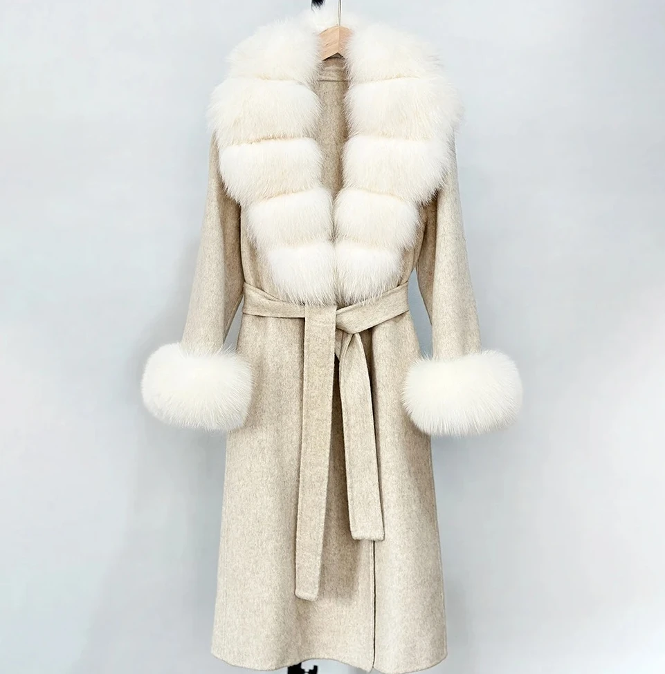 جديد مزيج الصوف معطف المرأة أنيقة الدافئة ريال فوكس الفراء طوق الشتاء معطف الصوف الإناث الوجهين سترة الكشمير #1