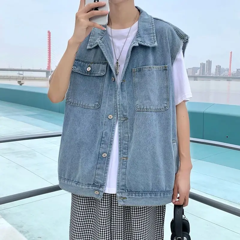 

2025 Men's Denim Vest Crop Top Raw Hem Oversized Fit Layering Vest for Streetwear Casual Outfits Durable Cotton Blend Material