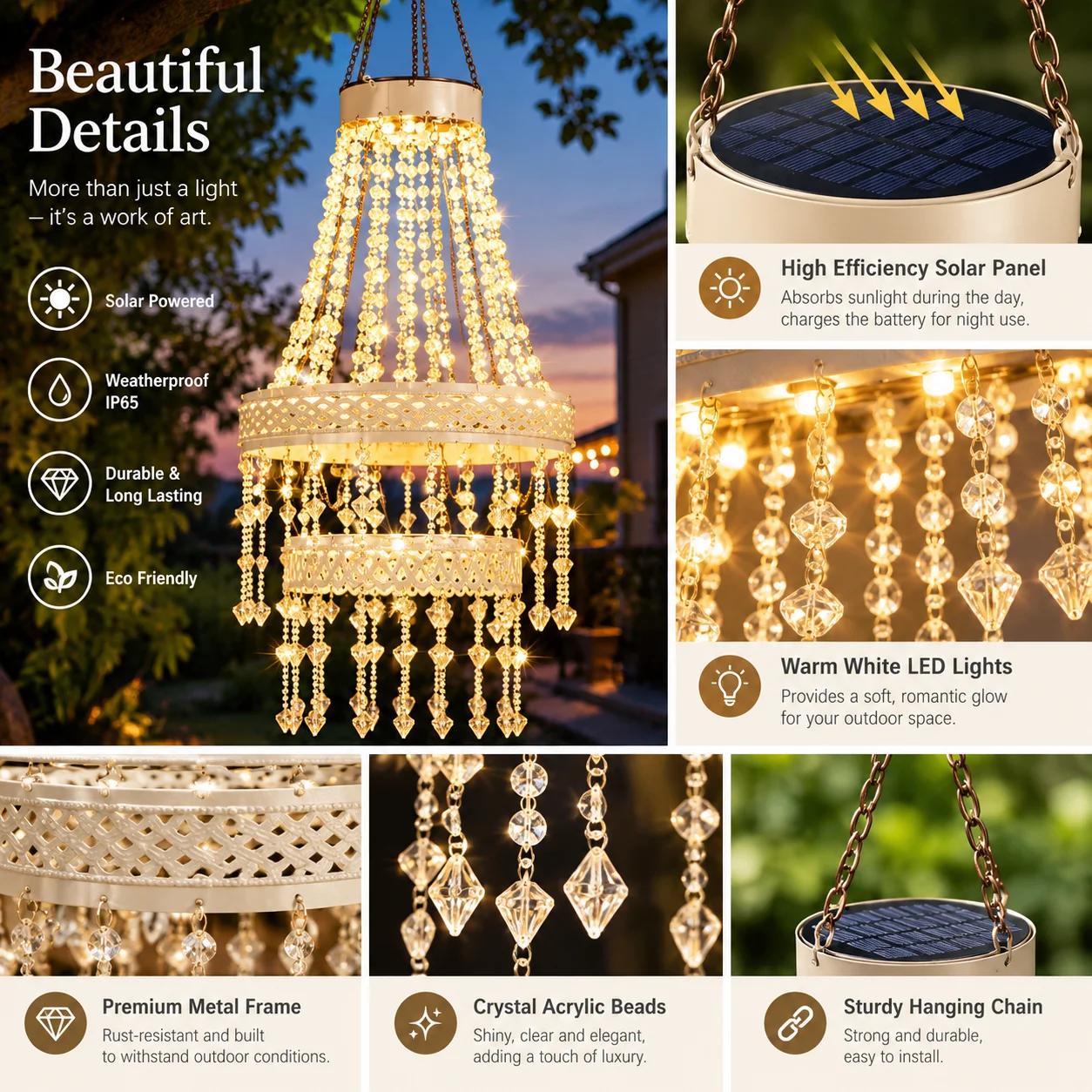 Solar Powered Hanging Lantern Outdoor Decor Elegant Acrylic Crystal Chandelier Light IP44 Cool White LED Pendant Lamp for Garden Party Pergola Backyard Ambience Gifts for Women Mom
