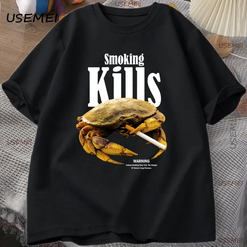 Retro Smoking Kills Crab T-Shirt Men Funny Anti Smoking Ad Graphic Tee Vintage Humor T Shirt Weird 90s Y2K Streetwear Clothes