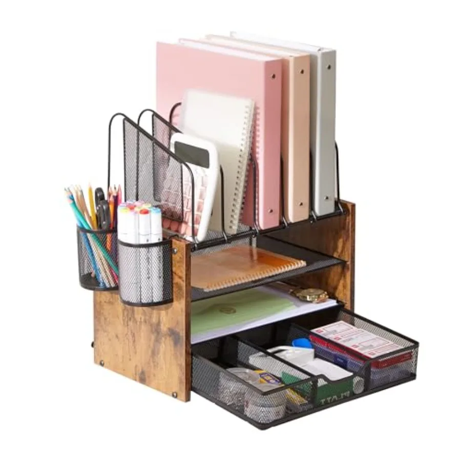 

4-Tier Desk Organizer with Drawer Wooden Mesh File Organizer with 5 Vertical Sorters and 2 Pen Holders Multi-Functional Desktop