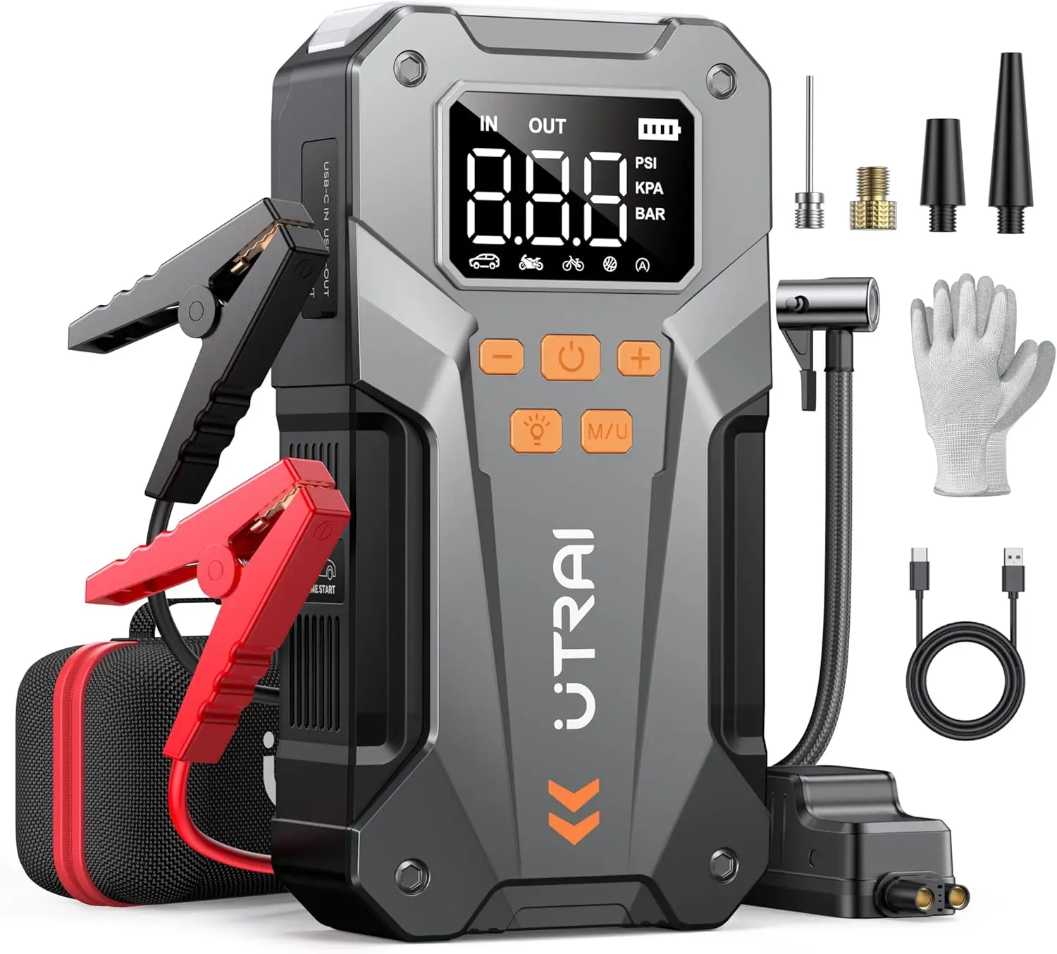 

5000A Peak Jump Starter with Air Compressor, 12V Portable Power Pack for Cars/Trucks, Includes LED Light & Cables