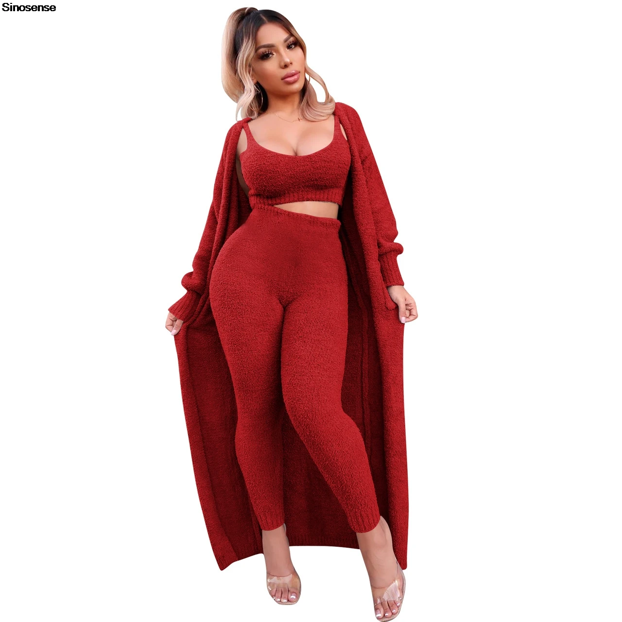 Women's Sexy Fuzzy 3 Piece Outfits Open Front Cardigan Crop Tank Tops Bodycon Pants Lounge Comfy Sets 3 Piece Loungwear Outfits