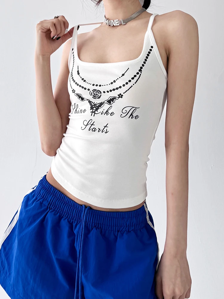 Camiseta sin mangas con estampado de letras blancas American Sle Spicy Girl para mujer, camiseta pequeña única adelgazante, mezcla de algodón y poliéster, longitud ort