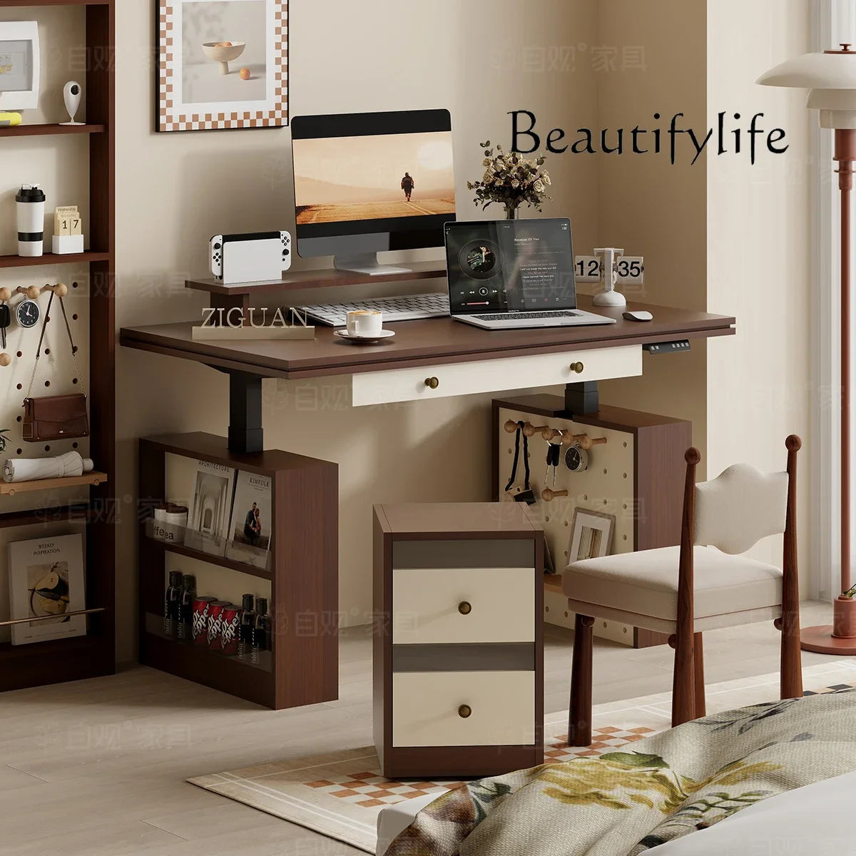 

Retro brown electric lifting desk multifunctional standing office workbench with storage cabinet medieval