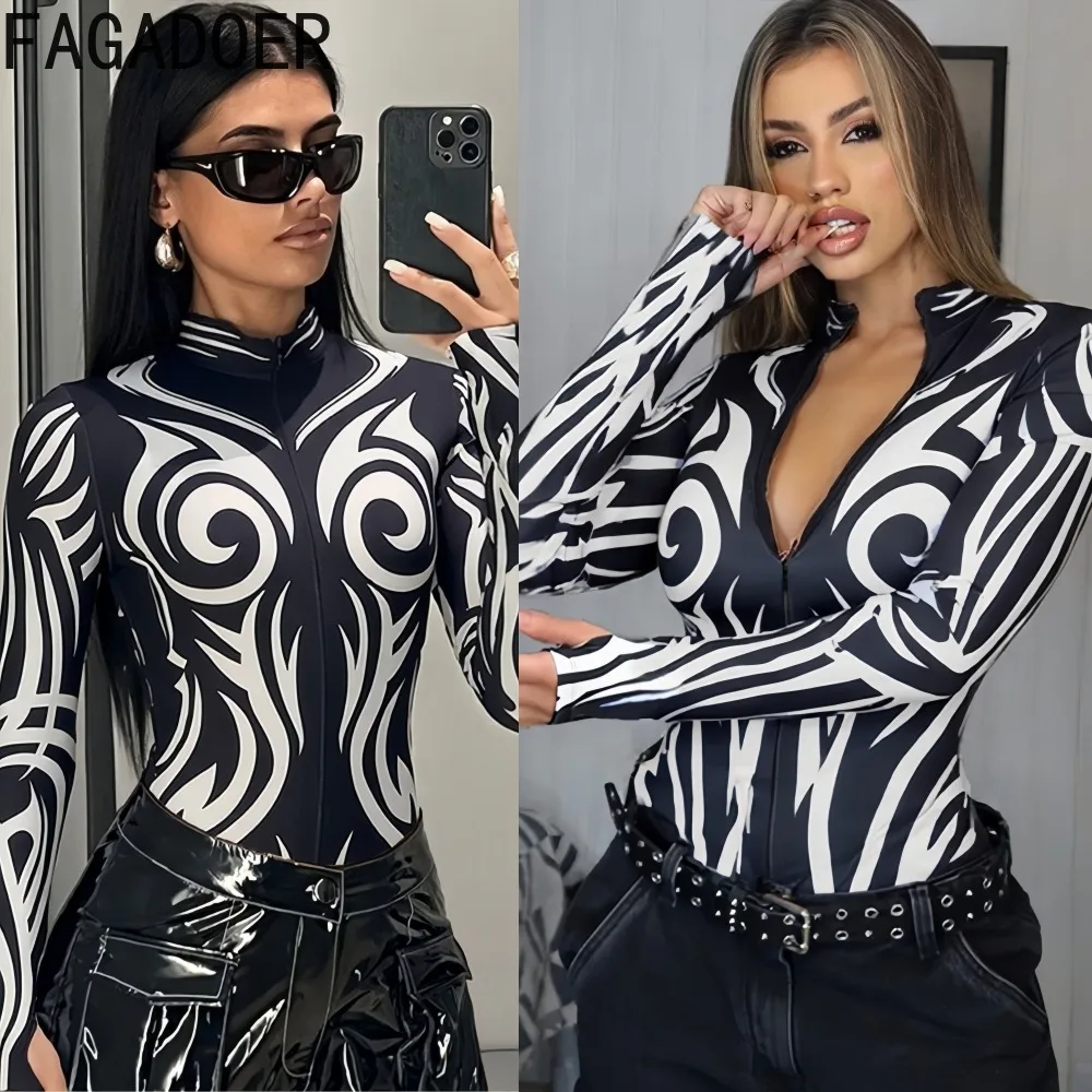 

FAGADOER Sexy Pattern Printing Bodycon Rompers Women Long Sleeved Zipper Skinny Bodysuit Jumpsuits Female Streetwear Overalls
