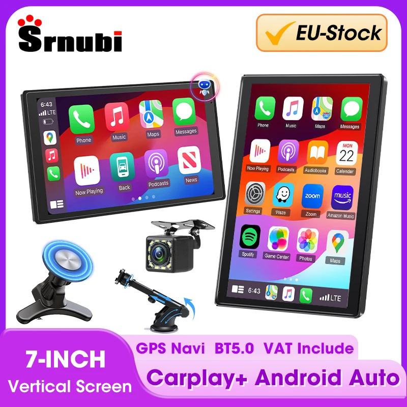 Écran Carplay rotatif universel de 7 pouces pour voiture, écran Vertical Carplay Android Auto et WIFI sans fil, Navigation GPS AUX stéréo