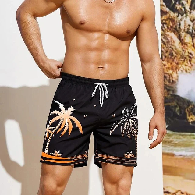 

Men's Hawaiian Palm Tree Print Swim Trunks, Quick Dry Beach Shorts With Drawstring, Summer Vacation Board Shorts For Surfing