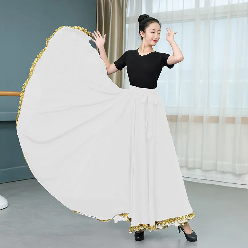 Solid Color Folklorico Dance Skirt Womens Spanish Flamenco Big Swing Long Skirt Folkloric Mexican Folk Dance Performance Costume