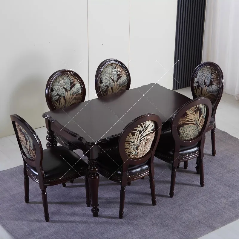 American solid wood dining table and chair combination rectangular table French second-hand black small apartment living room ho