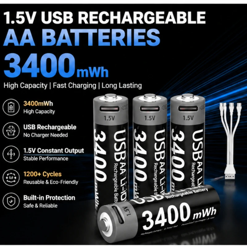 4 Packs AA 1.5V 3400mWh USB-C Rechargeable Lithium Batteries Constant Voltage Fast Charging Li-ion Battery for Toy/Camera