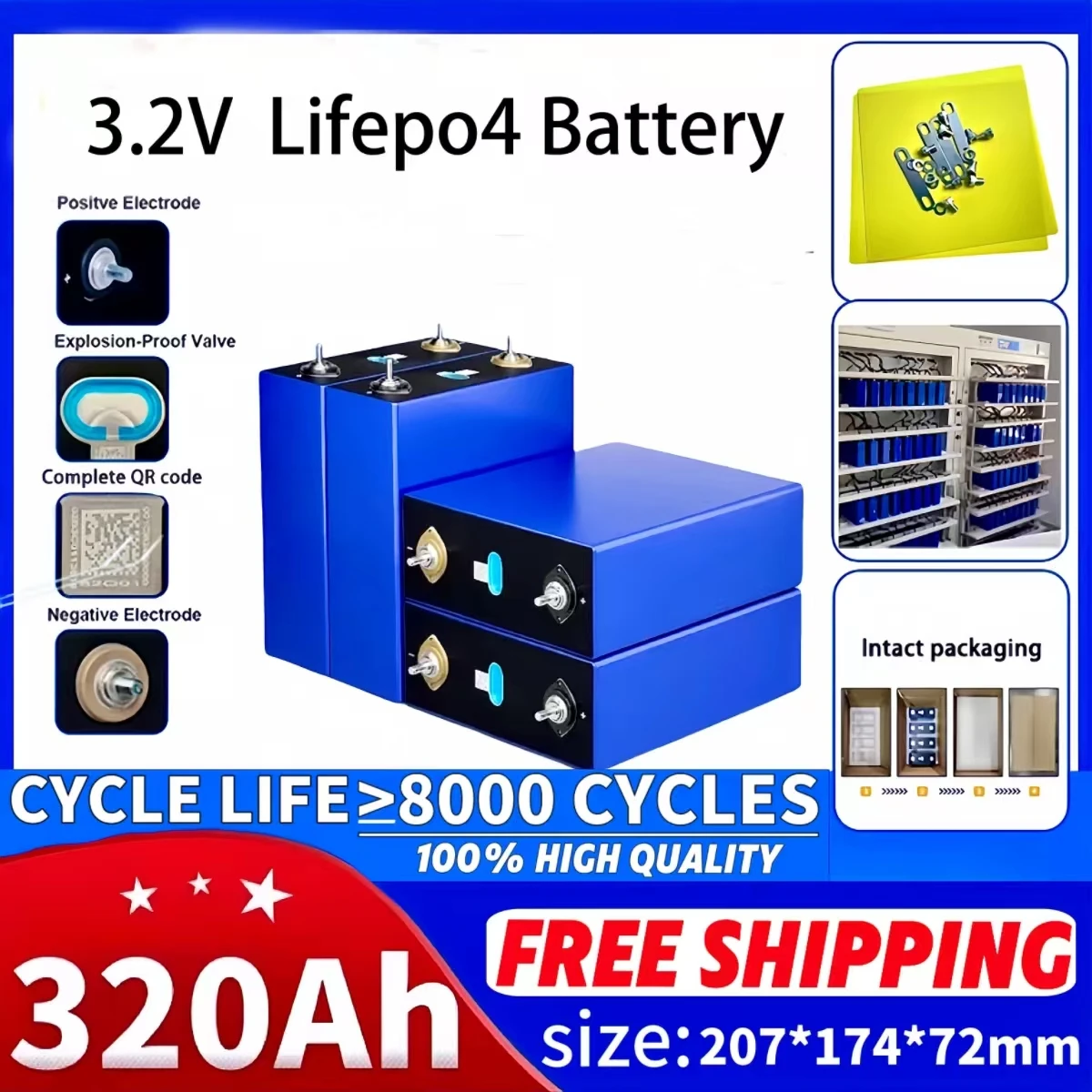 Lifepo4 Battery 3.2V 320Ah  Grade A 12V 24V 48V EV RV Vans Campers EV Boats Yacht Golf Carts Forklift Solar Rechageable Battery