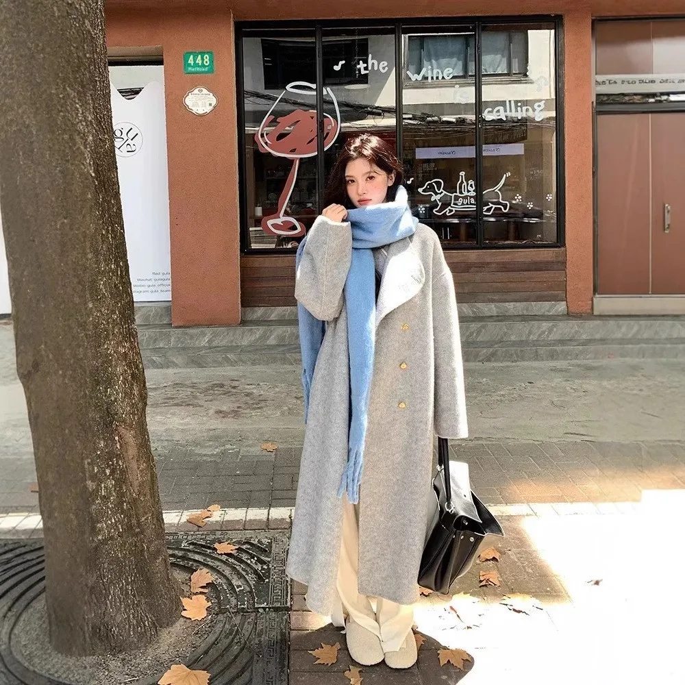 

Autumn Winter Double-Faced Camere Long Coat Women's Mid-Length Thiened Stand Collar Outerwear ey Color Faionable Feel