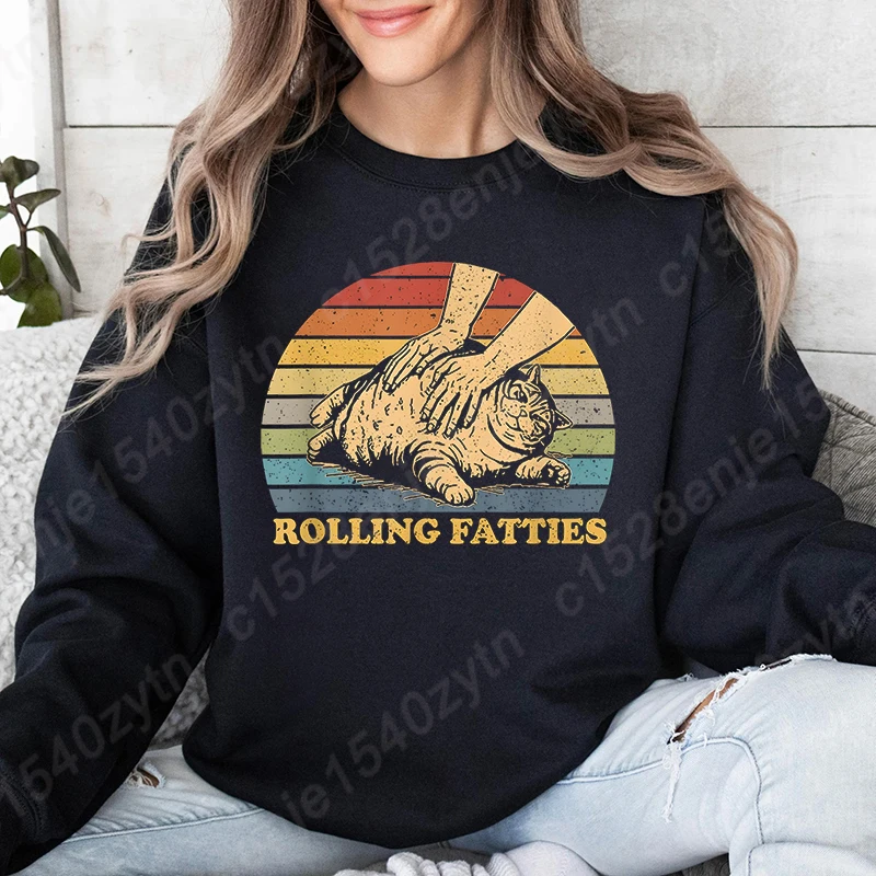 Retro Cat Rolling Fatties Sweatshirt Funny Cat Sweatshirts Cats Lover Gifts, Crew Neck Funny Graphic Women Oversized Sweatshirts