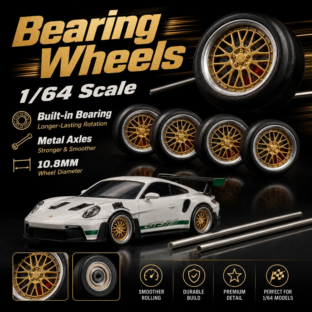 X-Scale 1/64 Model Car Wheels Dynamic Bearing Rubber Tires 10.8mm with Brake Disc Axles for 1/64 Racing Style Cars Upgrade