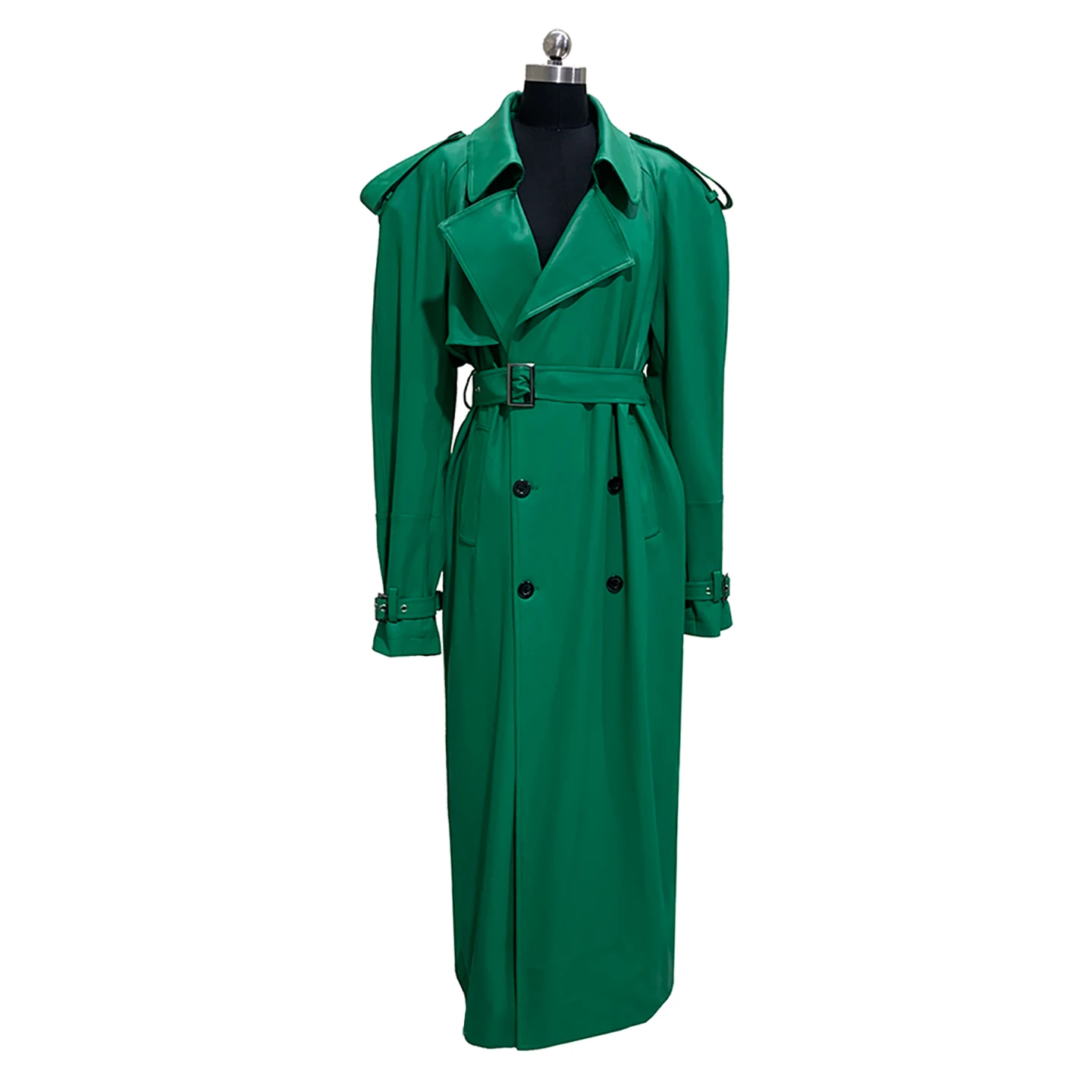 Loose Fit Green Shoulder Pad PU Leather Jacket Women's Long Version Ladies Coat High Height Large Coat Nerazzurri Brand