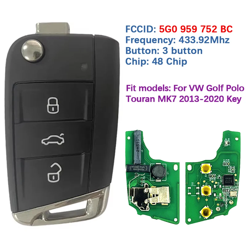 

CN001067 Aftermarket 3 Button Flip Remote Keyless Key Fob 5G0 959 752 BC MQB48 Chip 434Mhz For VW Golf Polo Touran