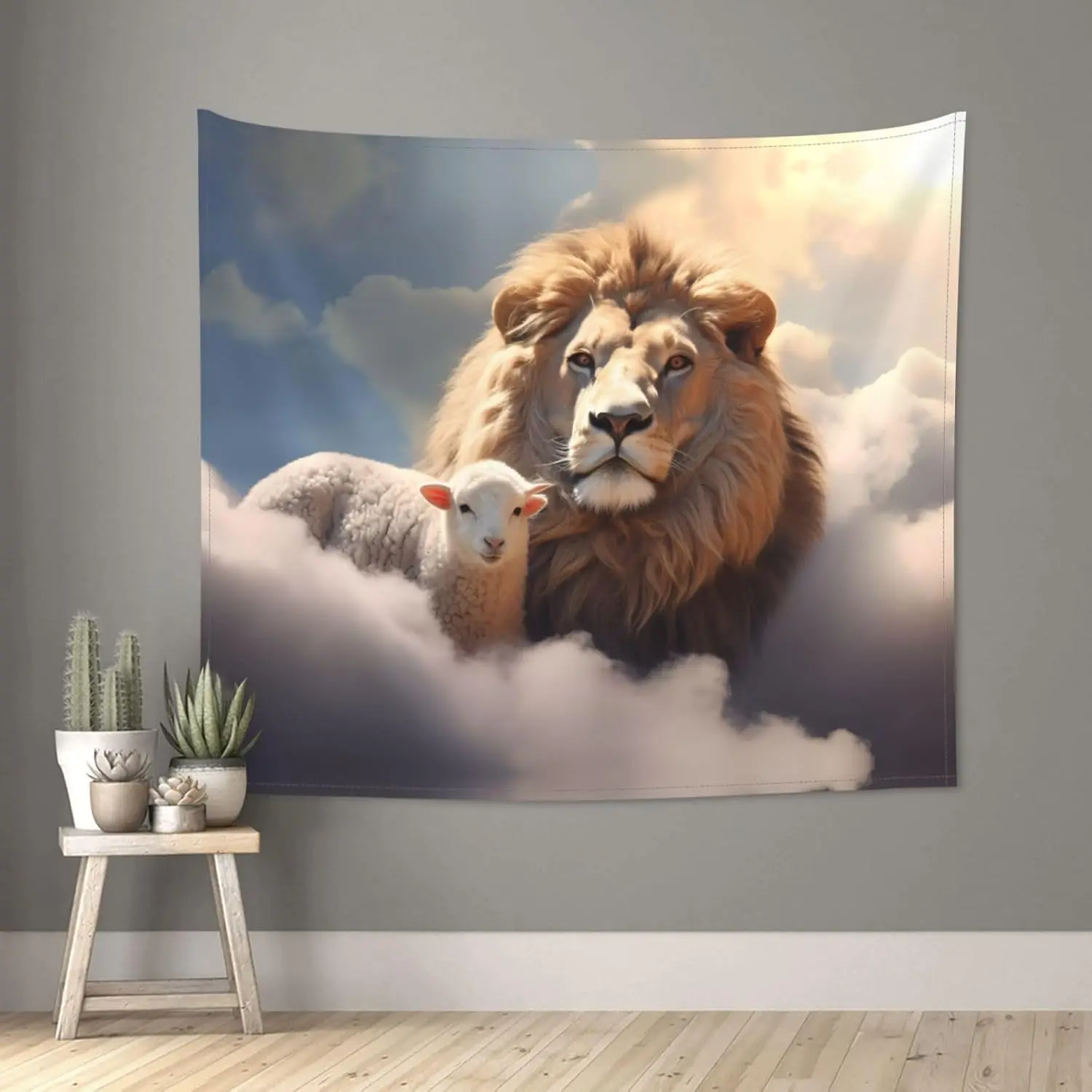 Divine Lion and Lamb Tapestry, Majestic Lion and Gentle Lamb in Peaceful Cloudy Sky with Warm Sunlight Wall Art for Aesthetic